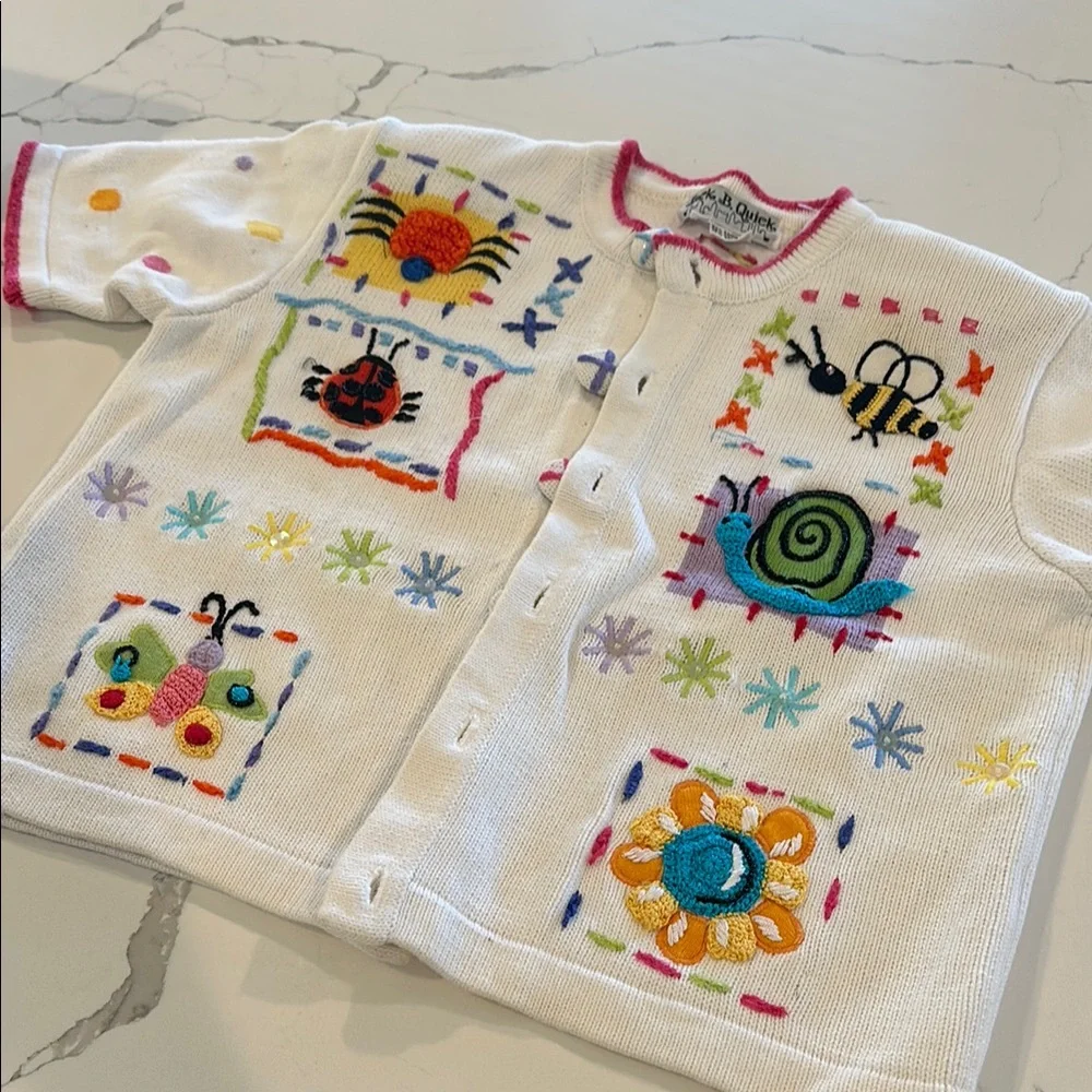 Vintage White Short Sleeve Cardigan Sweater Colorful Insects 🐞 🐌 🦋 🐝 🕷️ 🌻 - Picture 14 of 16